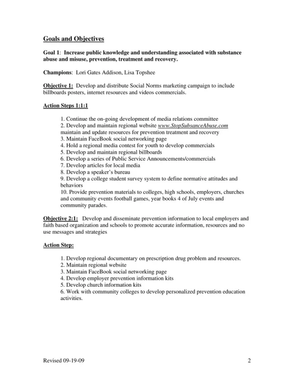 Page from the 2009 strategic plan: the goals and objectives section, listing action steps under each objective.