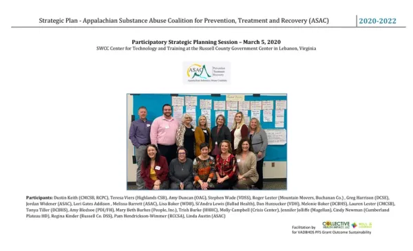 Cover of the 2020–2022 strategic plan: the participatory planning session of 5 March 2020, with a photograph of the coalition members who took part and the list of their names.